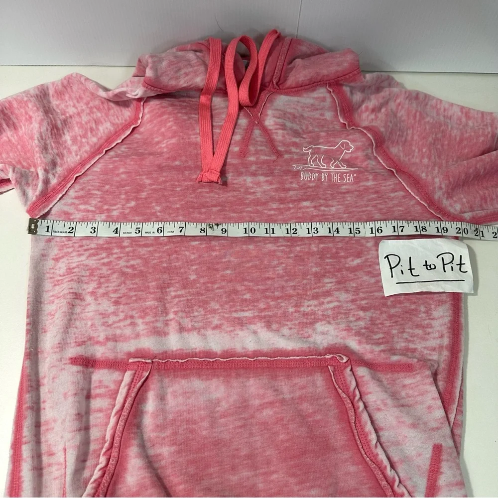 Buddy by the Sea Hoodie Sz M Pink Dog Surfboard Graphic V-Neck Thumbholes Beach